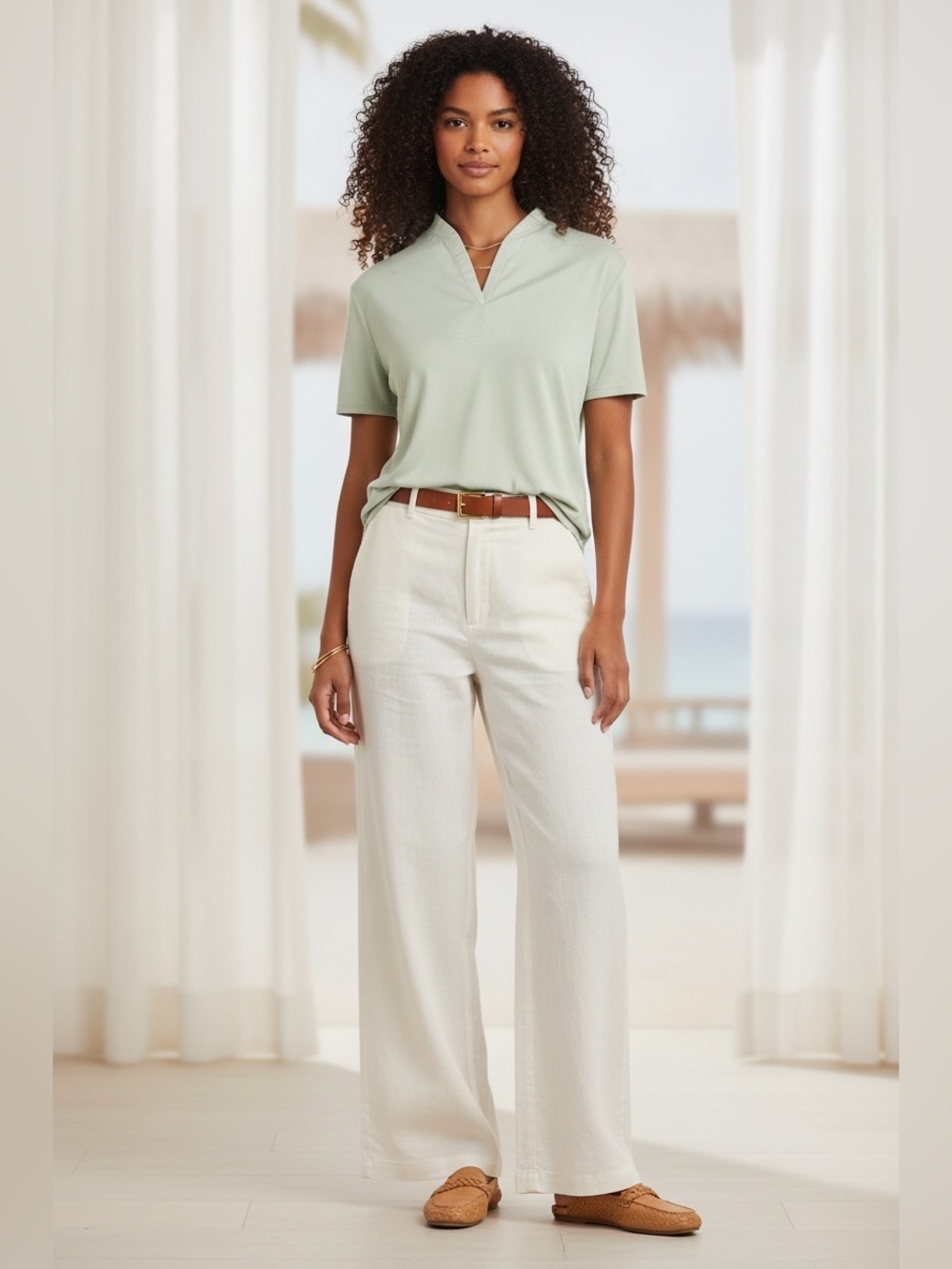 J.Jill Stretch Cotton Comfort Tee Women’s L Pale Sage Green Shawl Collar Top